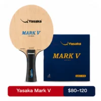 Yasaka Mark V table tennis blade with a blue Yasaka Mark V rubber package beside it, displayed above a red and blue price banner reading 'Yasaka Mark V $80–120'.
