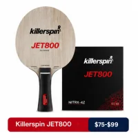Killerspin JET800 table tennis blade with a black Killerspin rubber package beside it, displayed above a red and blue price banner reading 'Killerspin JET800 $75–$99'.