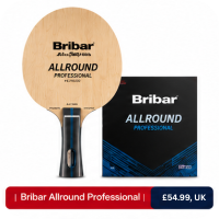 Bribar Allround Professional table tennis blade with a matching black Bribar rubber package beside it, displayed above a red and blue price banner reading 'Bribar Allround Professional £54.99, UK'.