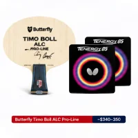 Butterfly Timo Boll ALC Pro-Line table tennis blade with two black Butterfly Tenergy 05 rubber packages beside it, displayed above a red and blue price banner reading 'Butterfly Timo Boll ALC Pro-Line ~$340–350'.