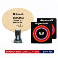 Butterfly Viscaria Super ALC Pro-Line table tennis blade with two black Butterfly Dignics 05 rubber packages beside it, displayed above a red and blue price banner reading 'Butterfly Viscaria Super ALC Pro-Line ~$450–460'.