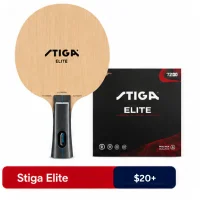 Stiga Elite table tennis blade with a black Stiga Elite rubber package beside it, displayed above a red and blue price banner reading 'Stiga Elite $20+'.