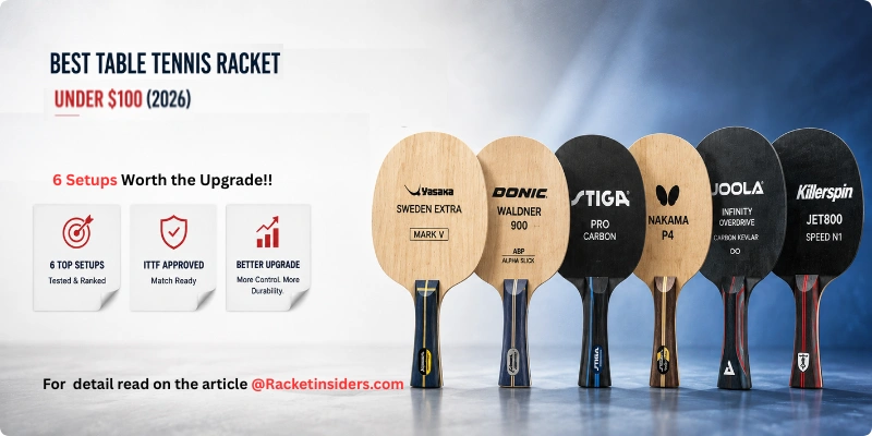 Best table tennis rackets under $100 Best table tennis racket under $100 (2026) — 6 ITTF-approved setups tested and ranked: Yasaka Sweden Extra, Donic Waldner 900, STIGA Pro Carbon, Butterfly Nakama P4, JOOLA Infinity Overdrive, Killerspin Jet800.