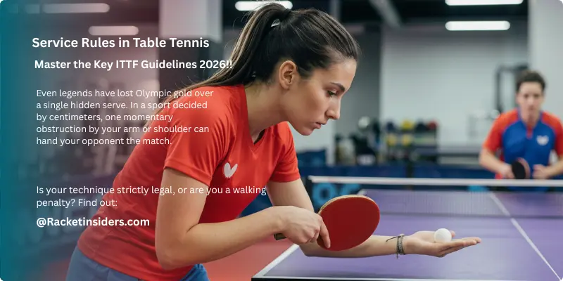 service rules in table tennis Female player demonstrating service rules in table tennis with an open palm and text overlay on ITTF guidelines.