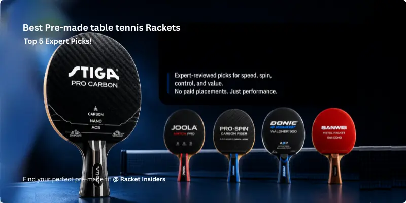 Best pre-made table tennis rackets Best pre-made table tennis rackets 2026: top 5 expert-reviewed picks including STIGA Pro Carbon, JOOLA Match Pro, PRO-SPIN Carbon Fiber, Donic Waldner 900, and Sanwei Pistol Racket 10th Echo. Find your perfect paddle at Racketinsiders.com.