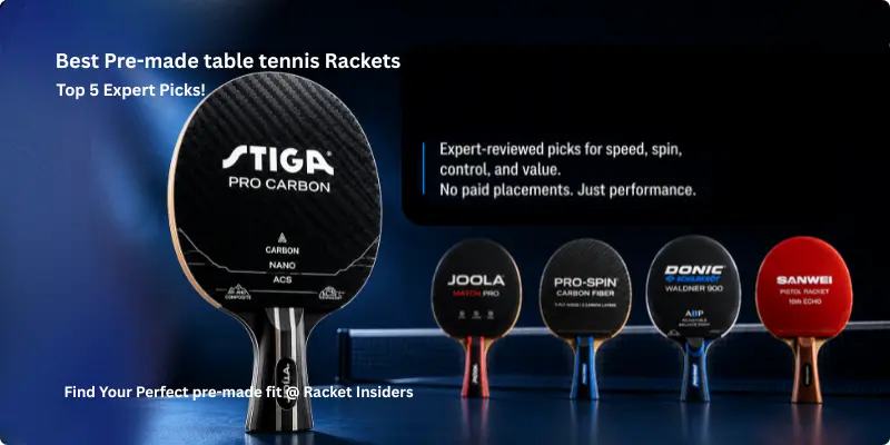 Best pre-made table tennis rackets 2026: top 5 expert-reviewed picks including STIGA Pro Carbon, JOOLA Match Pro, PRO-SPIN Carbon Fiber, Donic Waldner 900, and Sanwei Pistol Racket 10th Echo. Find your perfect paddle at Racketinsiders.com.