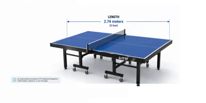 Image showing length of the table tennis table: official length 2.74 meters (9 ft), ITTF tolerance ±2 mm, recommended thickness 22-25 mm.