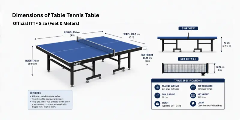 Image showing Dimensions of table tennis table: length 274 cm (9 ft), width 152.5 cm (5 ft), height 76 cm (2 ft 6 in), net height 15.25 cm (6 in), minimum top thickness 18 mm, weight 100-125 kg, dark blue with white lines.