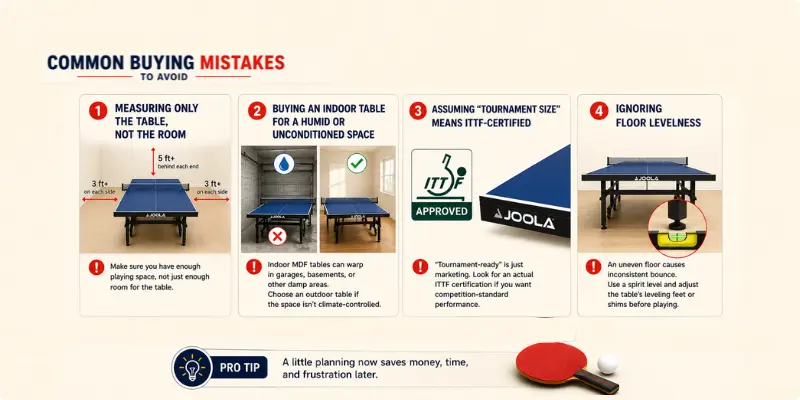 Infographic showing 4 common table tennis table buying mistakes to avoid: measuring only the table not the room (need 5ft behind and 3ft each side), buying indoor tables for humid spaces (MDF warps), assuming tournament size means ITTF certified, and ignoring floor levelness (causes inconsistent bounce)