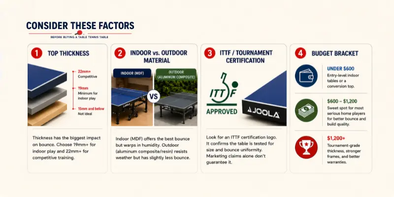 Table tennis table buying guide factors: top thickness recommendations (22mm+ for competitive, 19mm+ for indoor, avoid 15mm), indoor MDF vs outdoor aluminum composite materials, ITTF tournament certification requirements, and budget ranges from under $600 to $1,200+ for serious players.