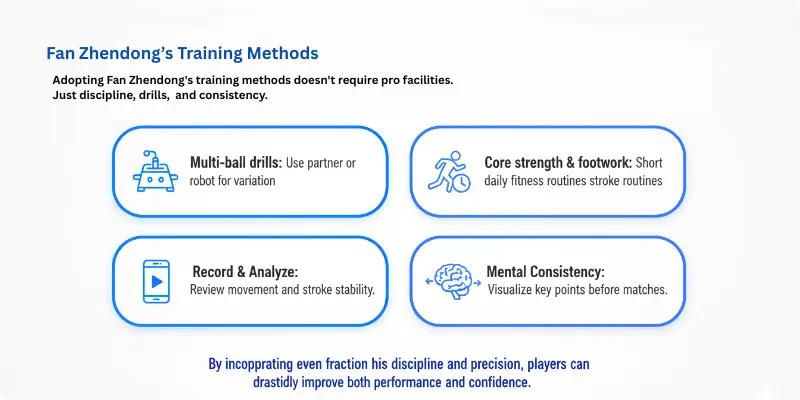 Fan Zhendong training tips: multi-ball drills, footwork, video analysis, and mental visualization for amateur players.