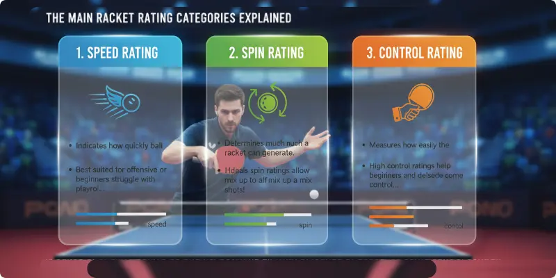 Table tennis racket ratings chart showing main categories of speed, spin, and control
