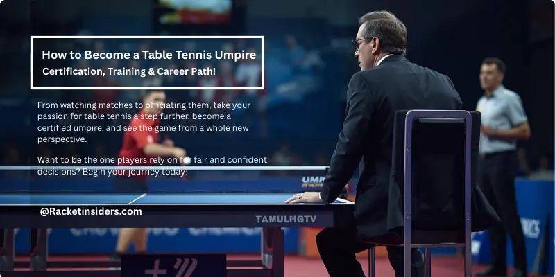 A certified table tennis umpire seated at the side of the table, attentively officiating a competitive match, calling the score and ensuring fair play.