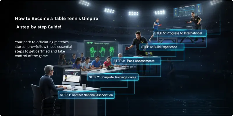 Infographic showing how to become a table tennis umpire step by step, from completing a training course and passing assessments to gaining certification and officiating matches.
