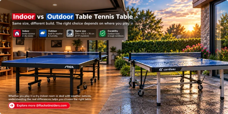 Indoor vs outdoor table tennis table Indoor vs outdoor table tennis table comparison: STIGA indoor table in a room and Cornilleau outdoor table in the rain, with size and durability callouts.