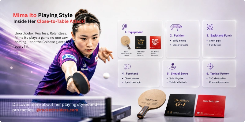 Mima Ito playing style infographic – close-to-table attack, short pips backhand, flat forehand, shovel serve, and 2-3 shot rallies.