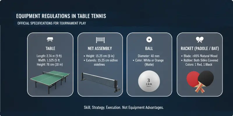 Table tennis equipment rules: official ITTF table, net, ball, and racket specs.