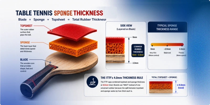 Table tennis sponge thickness Table tennis sponge thickness diagram: blade, sponge, topsheet layers. Sponge thickness scale from OX to MAX. Ping pong rubber thickness guide showing 2.0mm sweet spot. ITTF 4.0mm total limit.