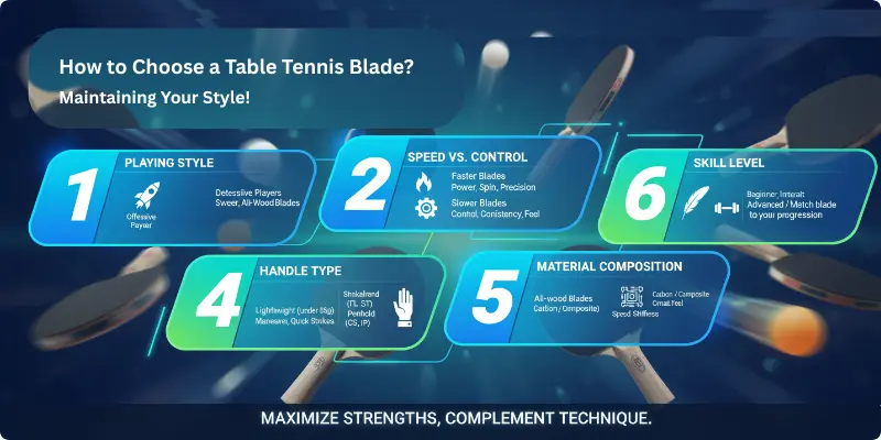 How to choose a table tennis blade Infographic on choosing a table tennis blade, showing style, speed, weight, handle, and material tips