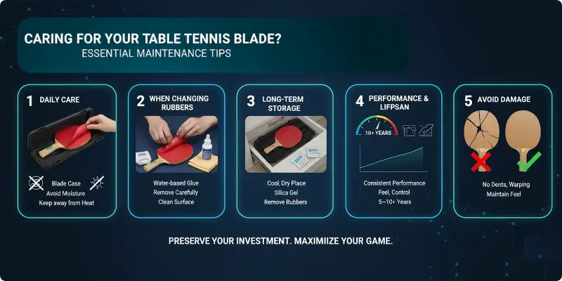 Maintenance Tips for a Table Tennis Blade Essential table tennis blade maintenance and care tips infographic.