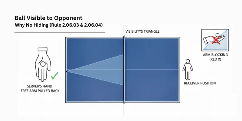 Service rules in table tennis ball visible to opponent no hiding rules 2.06.03 and 2.06.04 visibility triangle arm blocking red X