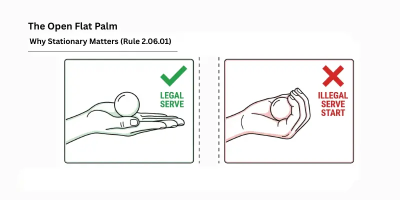 Service rules in table tennis legal vs illegal serve rule 2.06.01 open flat palm stationary checkmark moving X