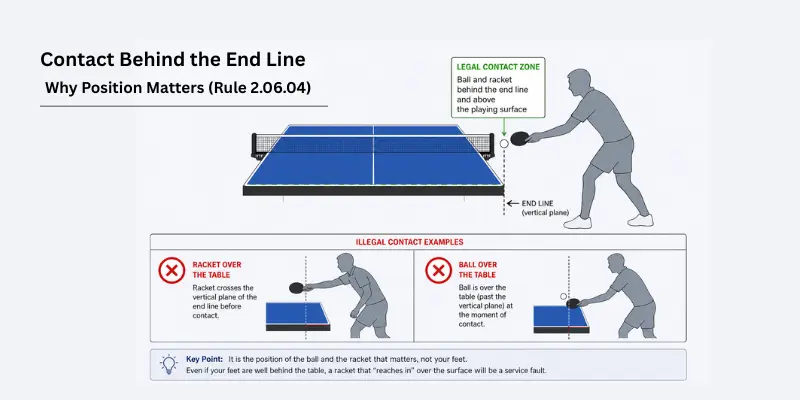 Service rules in table tennis contact behind end line rule 2.06.04 legal ball and racket behind line illegal racket over table and ball over table