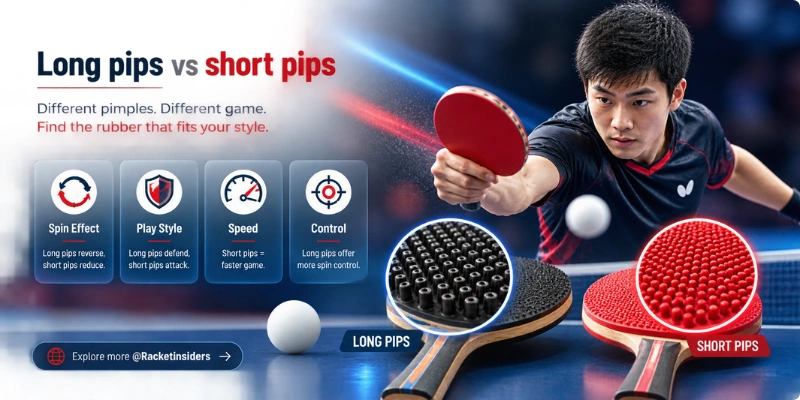 Long pips vs short pips table tennis rubber. Long pips vs short pips comparison infographic. Long pips reverse spin, suit defensive players, offer more spin control. Short pips reduce spin, suit aggressive attackers, deliver faster game. Find the rubber that fits your style. RacketInsiders.com.