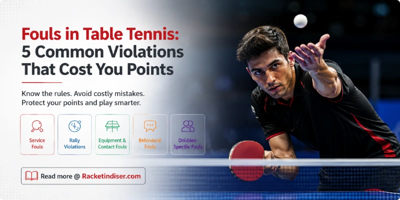 Fouls in Table tennis Infographic explaining 5 common fouls in table tennis, including service fouls, rally violations, equipment contact fouls, behavioral fouls, and doubles-specific fouls – from Racketindiser.com.