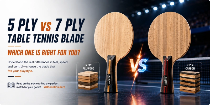 5 ply vs 7 ply table tennis blade infographic showing all-wood 5-ply and carbon 7-ply construction differences.