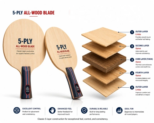 5-ply all-wood table tennis blade construction diagram for beginners and intermediate players.