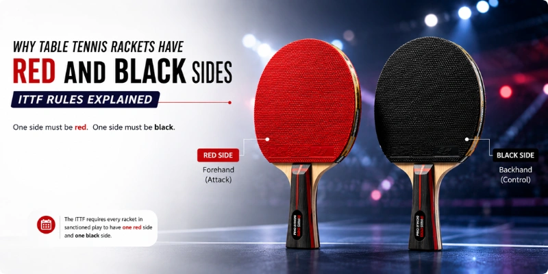 Table tennis rackets with red and black sides. Why table tennis rackets have red and black sides: ITTF rules explained with red forehand and black backhand illustration.