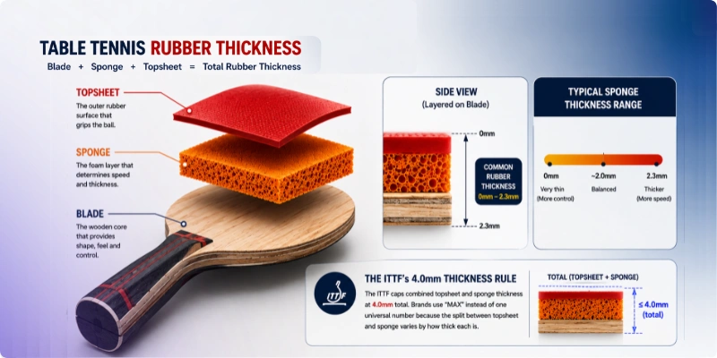Table tennis sponge thickness diagram: blade, sponge, topsheet layers. Sponge thickness scale from OX to MAX. Ping pong rubber thickness guide showing 2.0mm sweet spot. ITTF 4.0mm total limit.