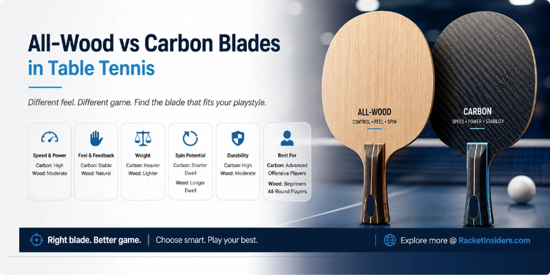 All-wood vs carbon table tennis blades comparison – speed, spin, durability, and player level guide. RacketInsiders.com.