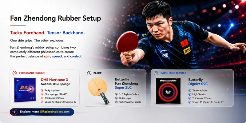 Fan Zhendong rubber setup infographic showing DHS Hurricane 3 forehand with tacky topsheet and blue sponge, Butterfly Fan Zhendong Super ZLC blade, and Butterfly Dignics 09C backhand with tensor high-tension sponge. Specs include speed, spin, and control ratings.