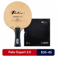 Palio Expert 3.0 table tennis blade with a black Palio CJ8000 rubber sheet beside it, displayed above a red and blue price banner reading 'Palio Expert 3.0 $35–45'.