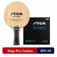 Stiga Pro Carbon table tennis blade with a black Stiga Professional Performance rubber sheet beside it, displayed above a red and blue price banner reading ‘Stiga Pro Carbon $43.97’.