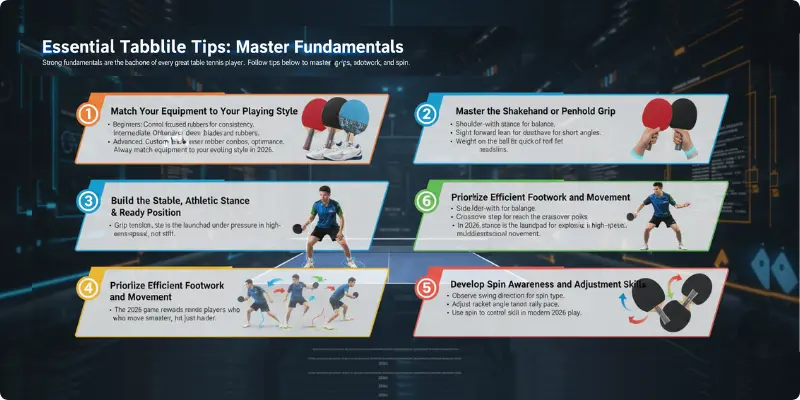 Essential Table Tennis Tips Essential table tennis tips demonstrating proper grip, stance, footwork, and spin control.