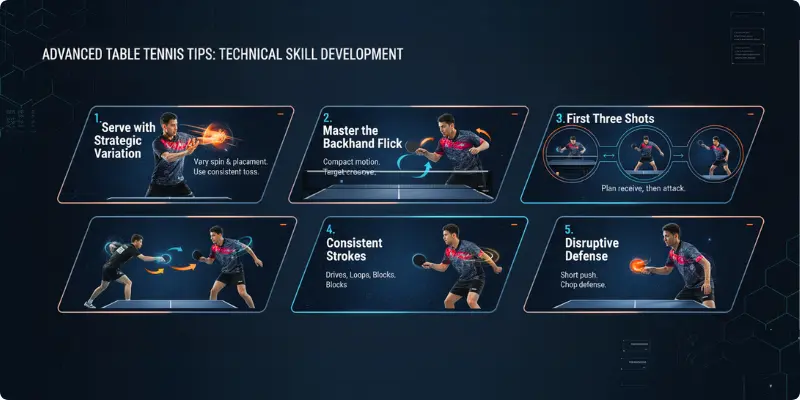 Advance Table Tennis Tips Table tennis tips showing advanced serve variation, backhand flick, looping, and defensive techniques