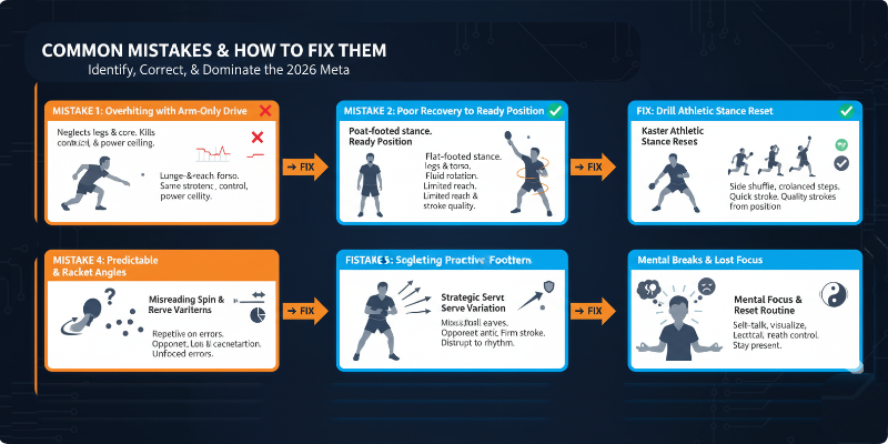 Common mistakes & Ho to fix them Table tennis tips highlighting common mistakes like poor footwork, overhitting, and recovery errors.