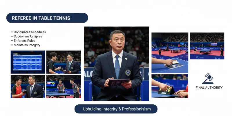 ITTF referee observing a high-level table tennis match, making a ruling during a player appeal.