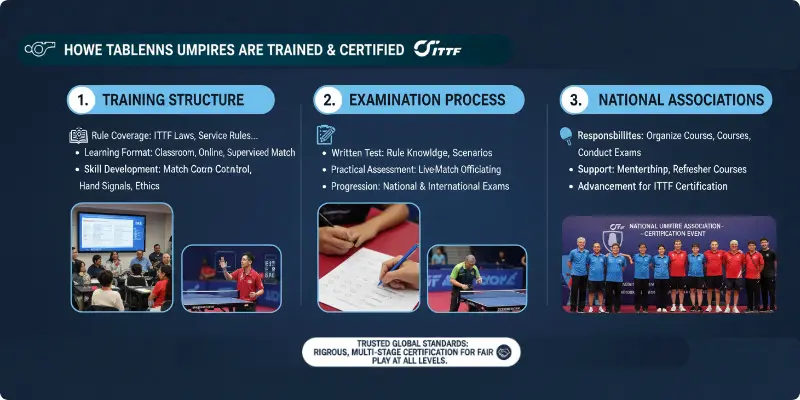 Table tennis umpire training and certification process under ITTF guidelines, including education, exams, and official evaluation.