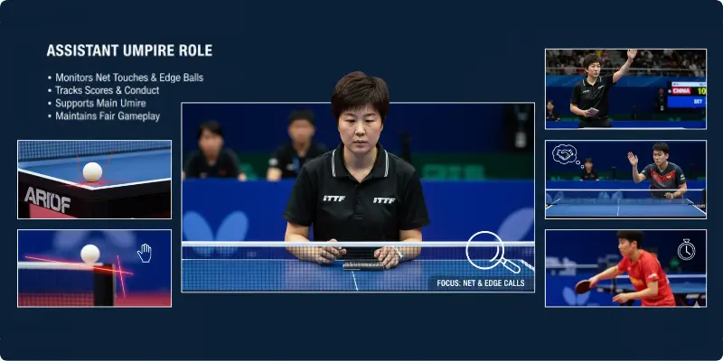 Assistant umpire in table tennis monitoring edge balls and net touches to support fair play.