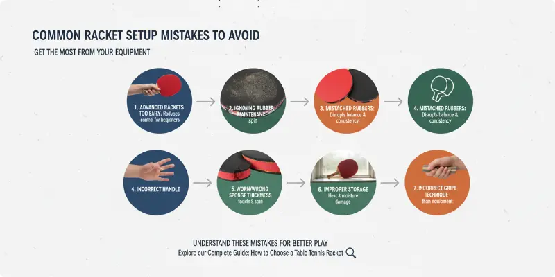Common table tennis racket mistakes: wrong rubber, poor grip, worn sponge, and improper storage.

