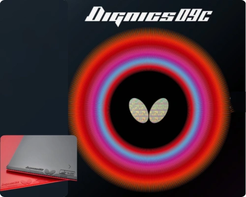 Fan Zhendong backhand rubber Butterfly Dignics 09C table tennis rubber with high spin rating and Spring Sponge X technology for advanced players.