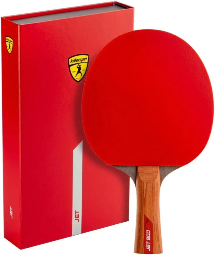 Killerspin JET800 Speed N2 professional ping pong paddle with a 7-ply composite wood and carbon fiber blade, featuring red and black rubbers in a stylish presentation case.