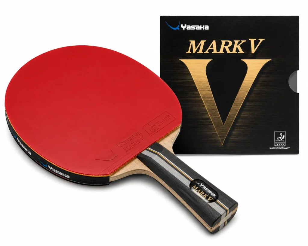 Yasaka Mark V table tennis rubber, blade setup, a classic and iconic rubber known for its excellent control, featuring a distinctive red or black topsheet