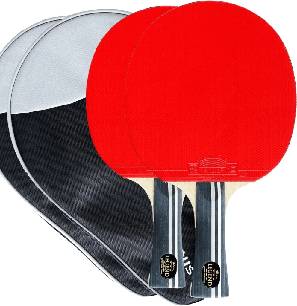 Palio Legend 3.0 advanced table tennis racket with ITTF-approved rubbers, a carbon fiber blade, and a protective case, known for its powerful offensive performance