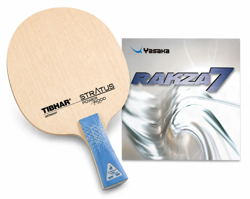 Tibhar Stratus Power Wood 5-ply wooden blade paired with a Yasaka Rakza 7 high-tension spin-focused rubber, ideal for custom upgrades