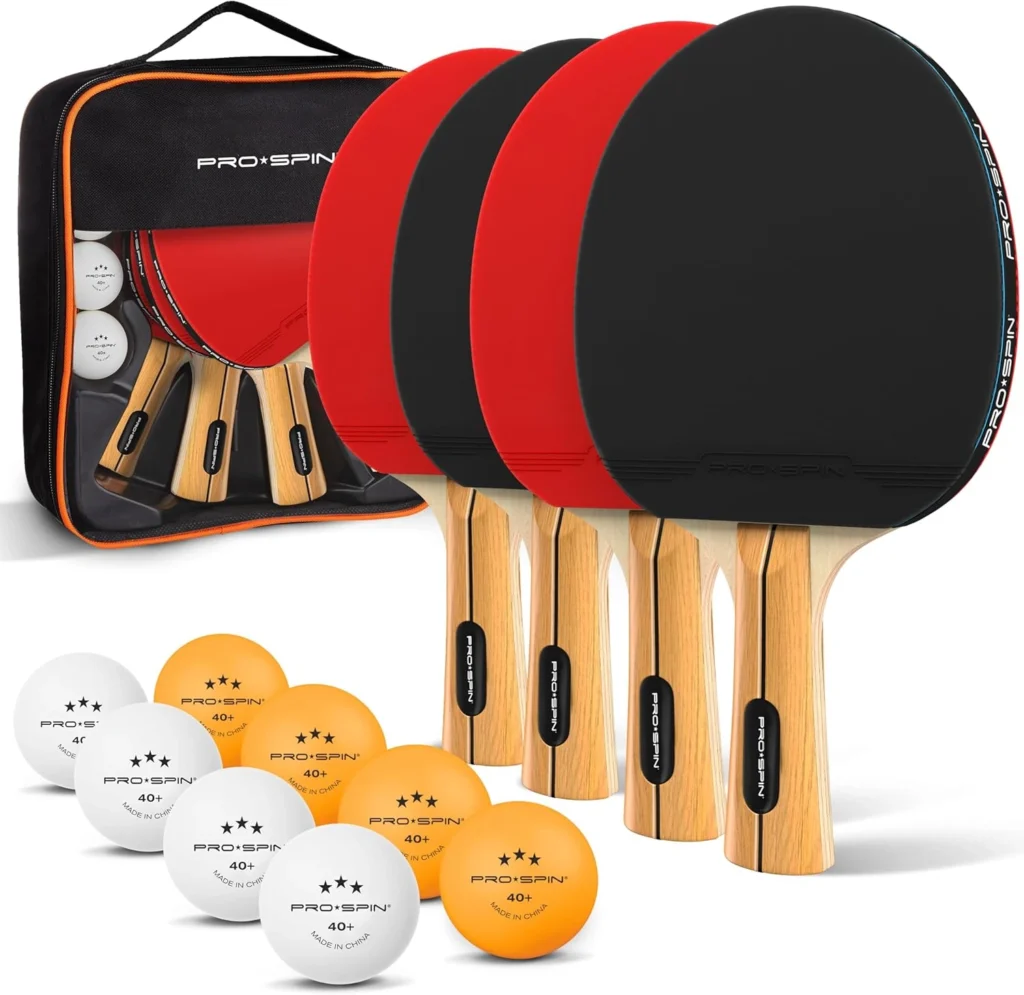 Pro-Spin Essentials 4-pack table tennis racket set – best for groups and social play with 4 paddles and 8 balls, priced $45–$55